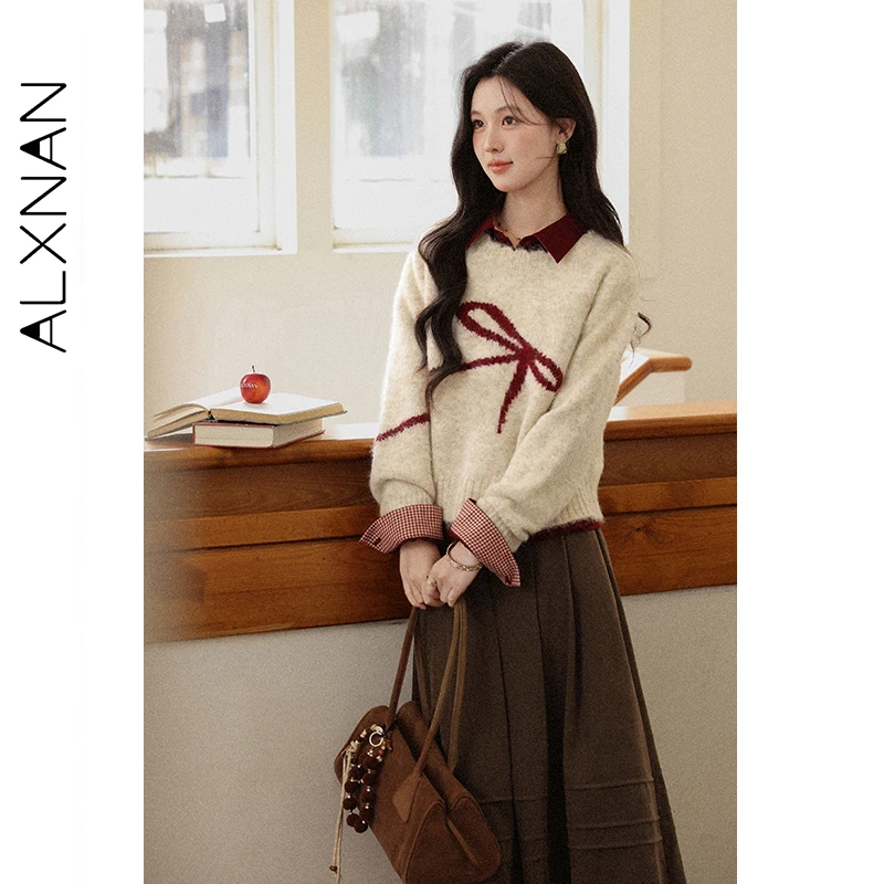 ALXNAN Plus Größe Pullover Herbst Winter Langarm Wolle Pullover Elegante Casual Lose-fit Bogen Muster Pullover Weibliche D13206