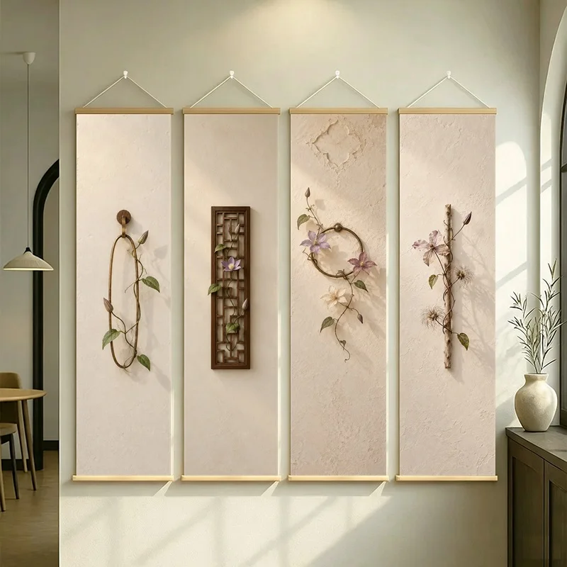 Floral Wall Art 4-Panel Vine and Blossom Hanging Scroll Set on Beige Silver Shimmer Canvas for Serene Living Room Decor