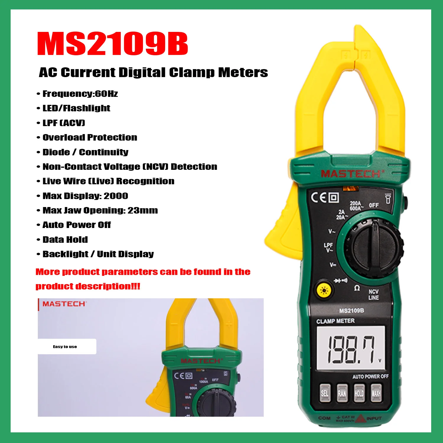 Mastech-digital Clamp Meter Multímetro dc e ac Corrente Amperímetro Tester Tensão hz Capacitância Ncv Teste de Ohm Ms2109b Ms2109c Ms2109d