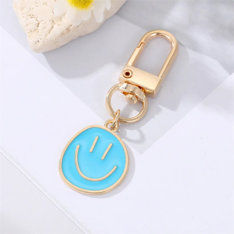 Cute Smile Face Keychain Yellow Pink Blue Black Enamel Metal Key Ring Bag Accessories For Women