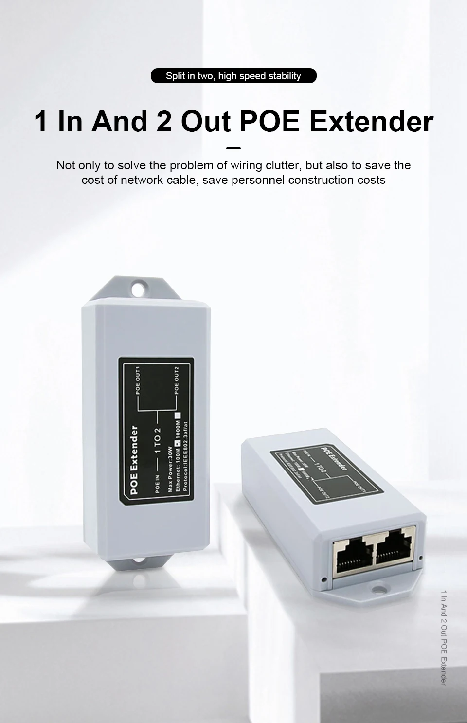 1 to 2 Port POE Extender 100/1000Mbps IEEE 802.3af/at Standard 48V for NVR IP Camera POE Extend 100 Meters for POE Range