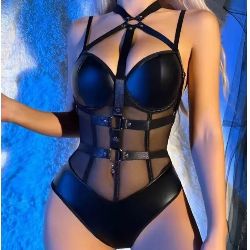 

Erotic Lingerie Sexy Seduction Gathered Mesh Patchwork Slim One-piece Leather Suit See Through Sexy Lingerie Pornos Suit Latex