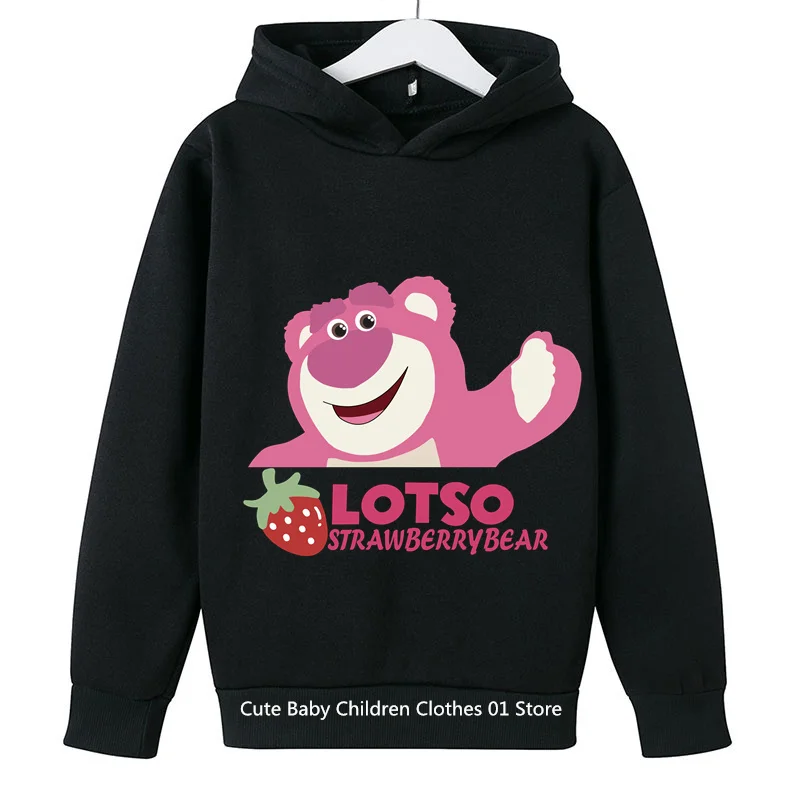 2024 New Cartoon Pink Cute Strawberry Bear Kids Hoodie Boys Girls Students 2024 Fashion Casual Sports Hoodie Ages 1-14