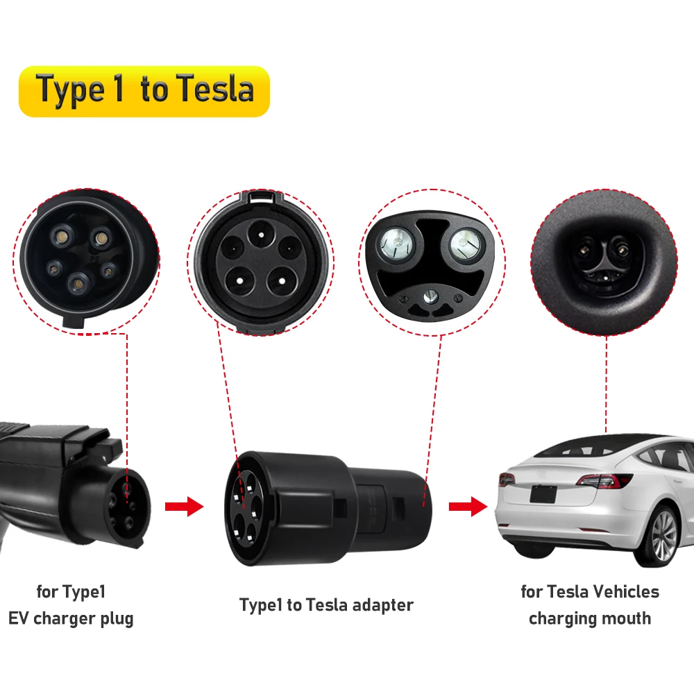 Veículo elétrico adaptador EV, Tipo 1 para TESLA conversor, J1772 para Tesla carregador, conector para acessórios do carro elétrico