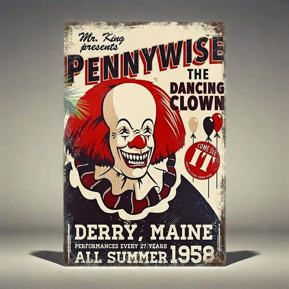 لوحة من القصدير - 1 لوحة جدارية كلاسيكية من الحديد الريفي، مهرج الرقص Pennywise |   ديكور ريترو من الألومنيوم للبار