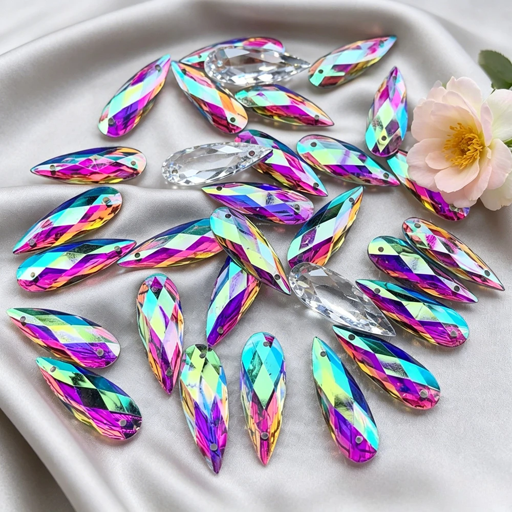 Sew On Rhinestone - 40 ชิ้น 8*22 มม. คริสตัลเย็บติดสีขาว AB