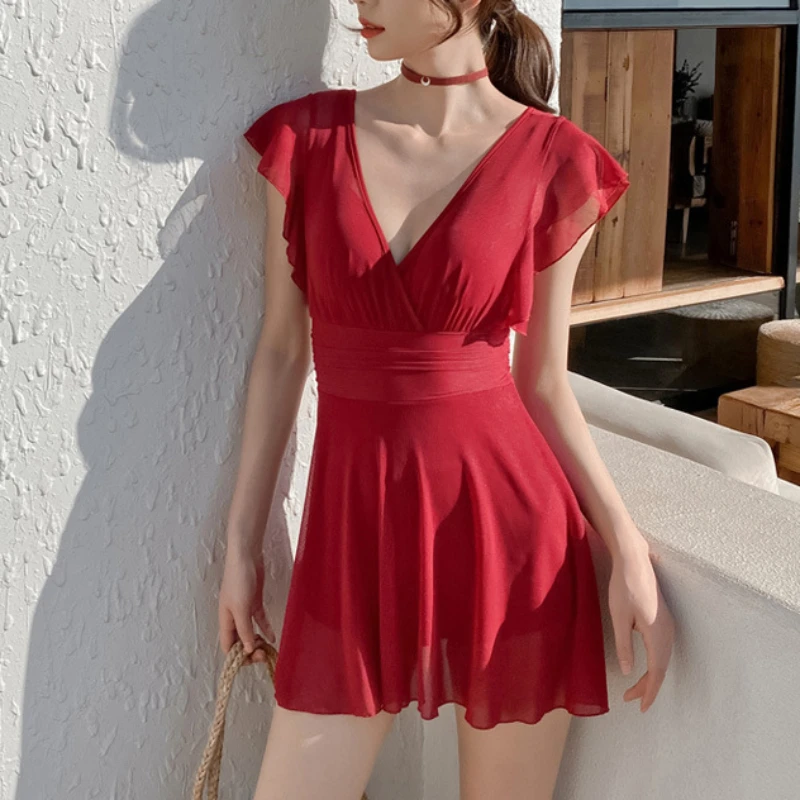 New Trend Solid Color Sexy Ruffled Skirt Swimwear Female Thin Cover Belly One-piece Conservative Hot Springs Vacation Swimsuit