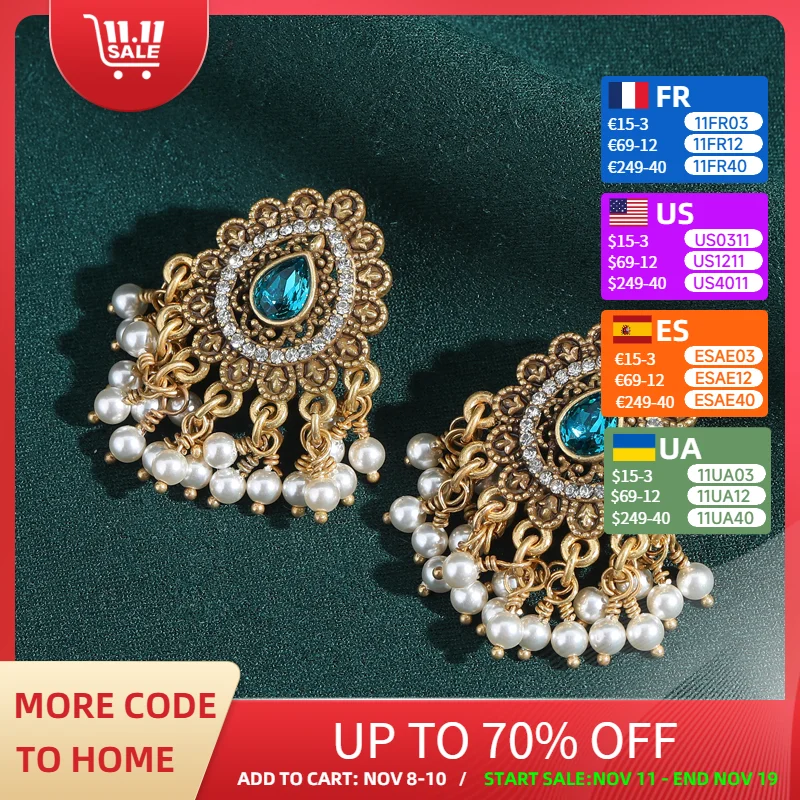 

Vintage Blue Crystal Pearl Earrings Natural Stone Stud Peacock Tail Antique Gold Color Rhinestone Jewelry Designer Luxury 2025