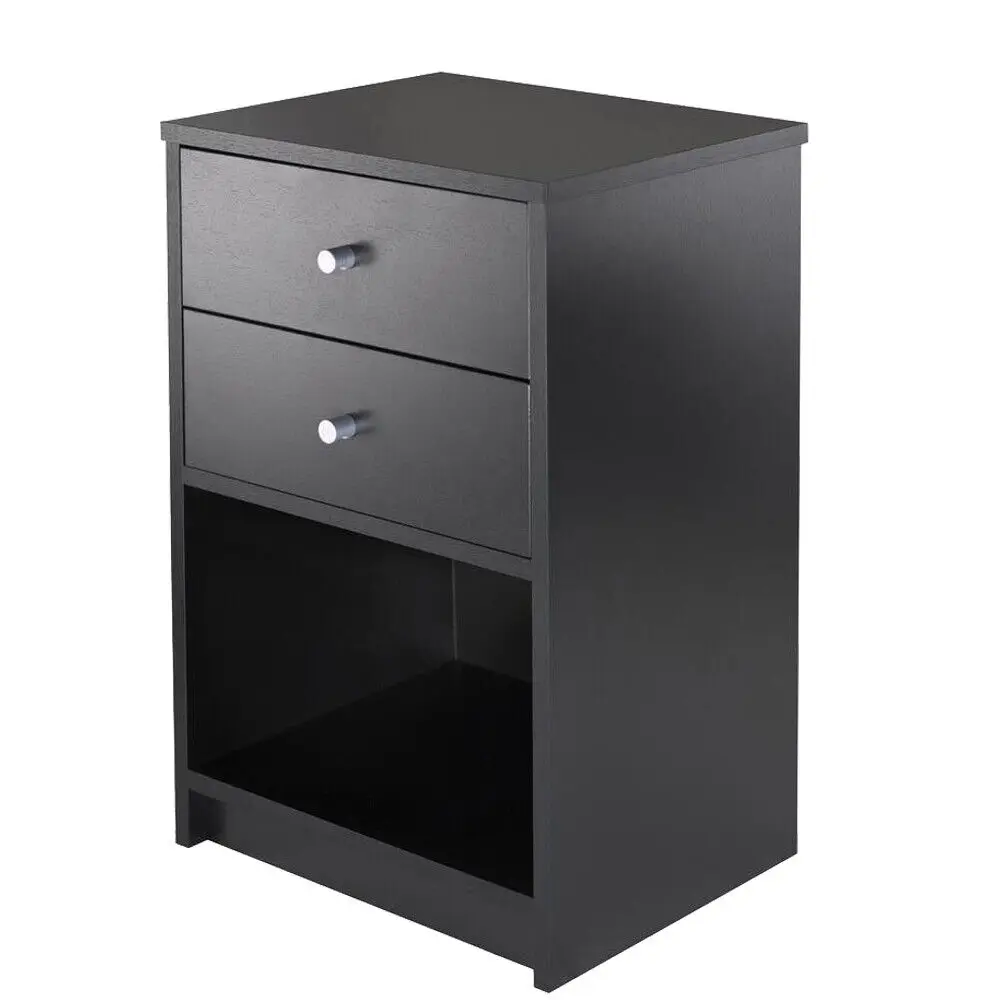Mesita de noche con 2 cajones, mesa auxiliar de madera, organizador de mesita de noche, color negro moderno