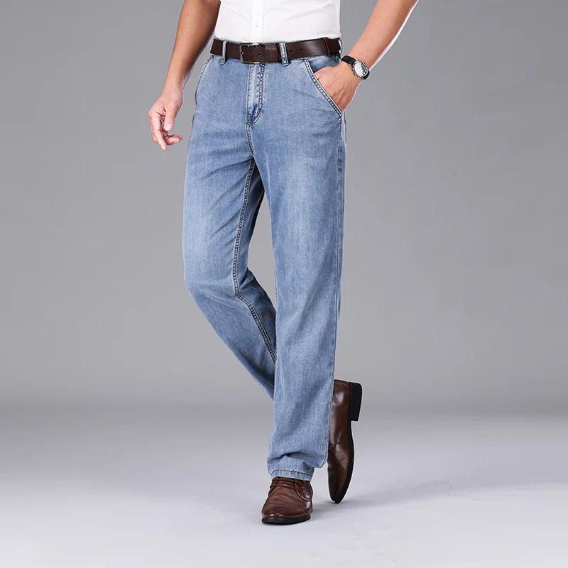 Summer Thin Jeans Men's Middle-Aged Business Office High Waist Loose Straight Stretch Breathable Ice Silk Men's Pants