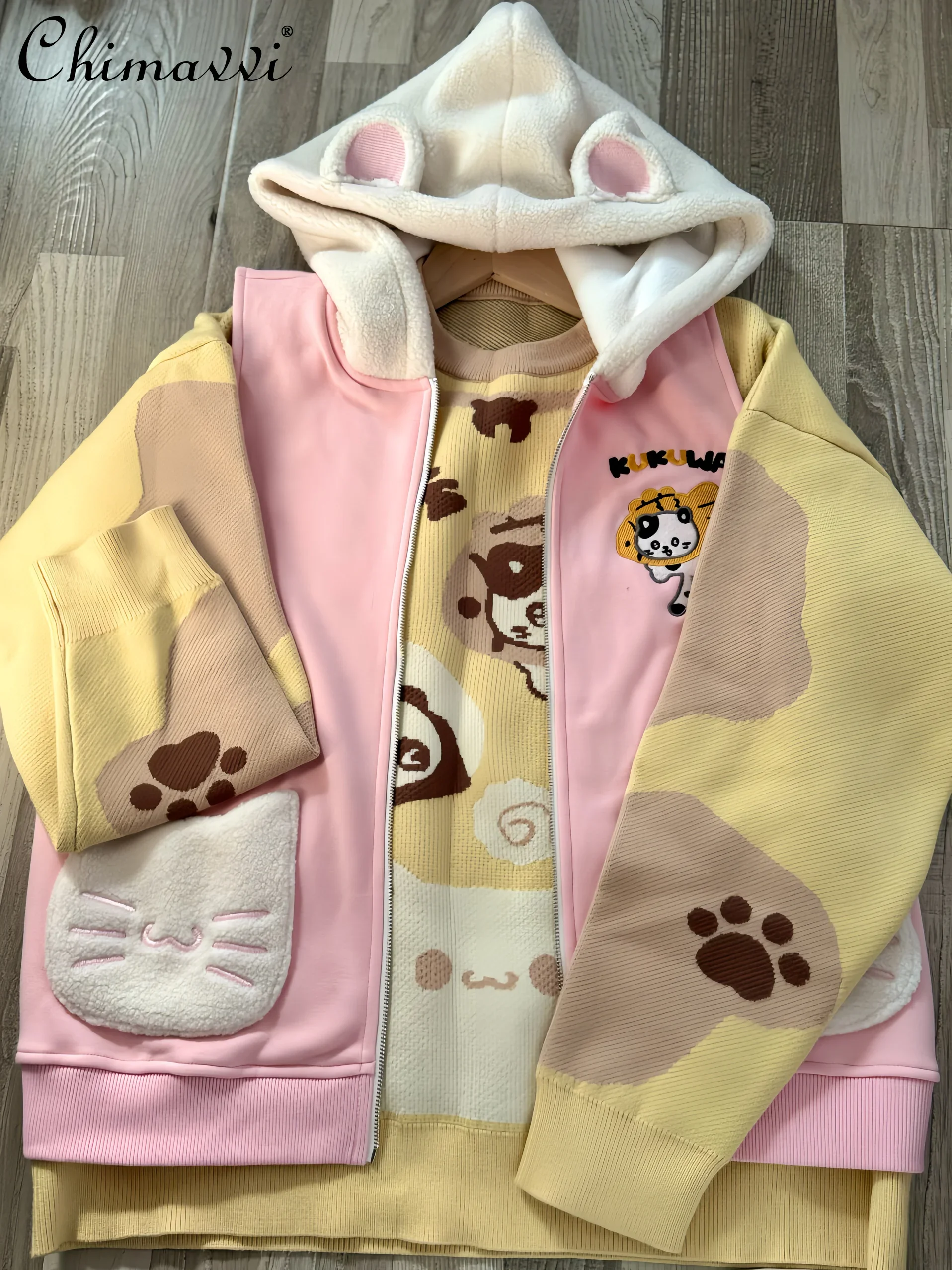 Original Autumn Winter Cute Cat Ear Kitten Fish Bone Pullover Sweatshirt Hooded Vest Womens Girls Kawaii Y2k Knitted Sweater