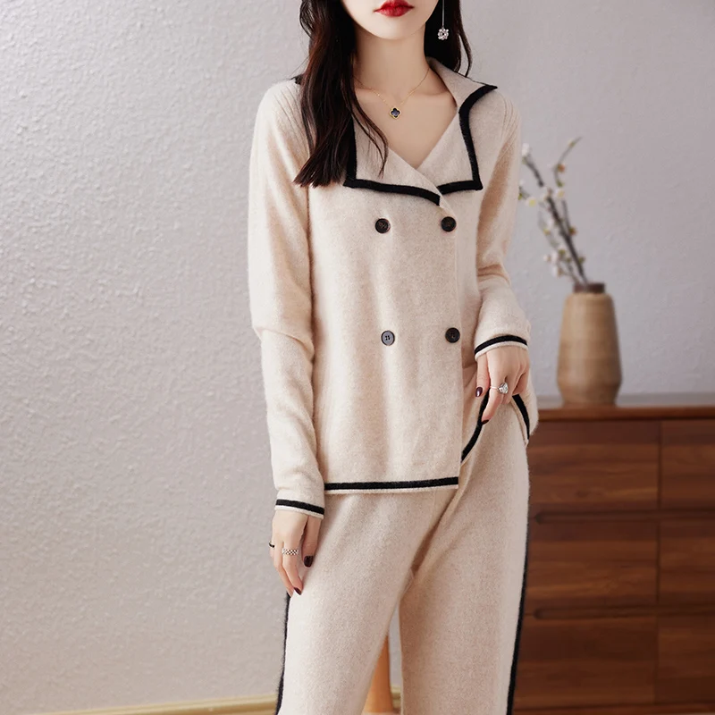 Fall/Winter Two-Piece Set 100% Pure Wool Knit Cardigan Cashmere Ultra-Soft Coat Fashionable Wide-Leg Pants For Women