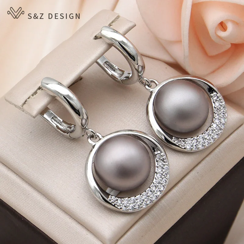 S&Z DESIGN New Fashion Round Simulated-pearl Dangle Earrings For Women Wedding 585 Rose Gold Color Cubic Zirconia Jewelry