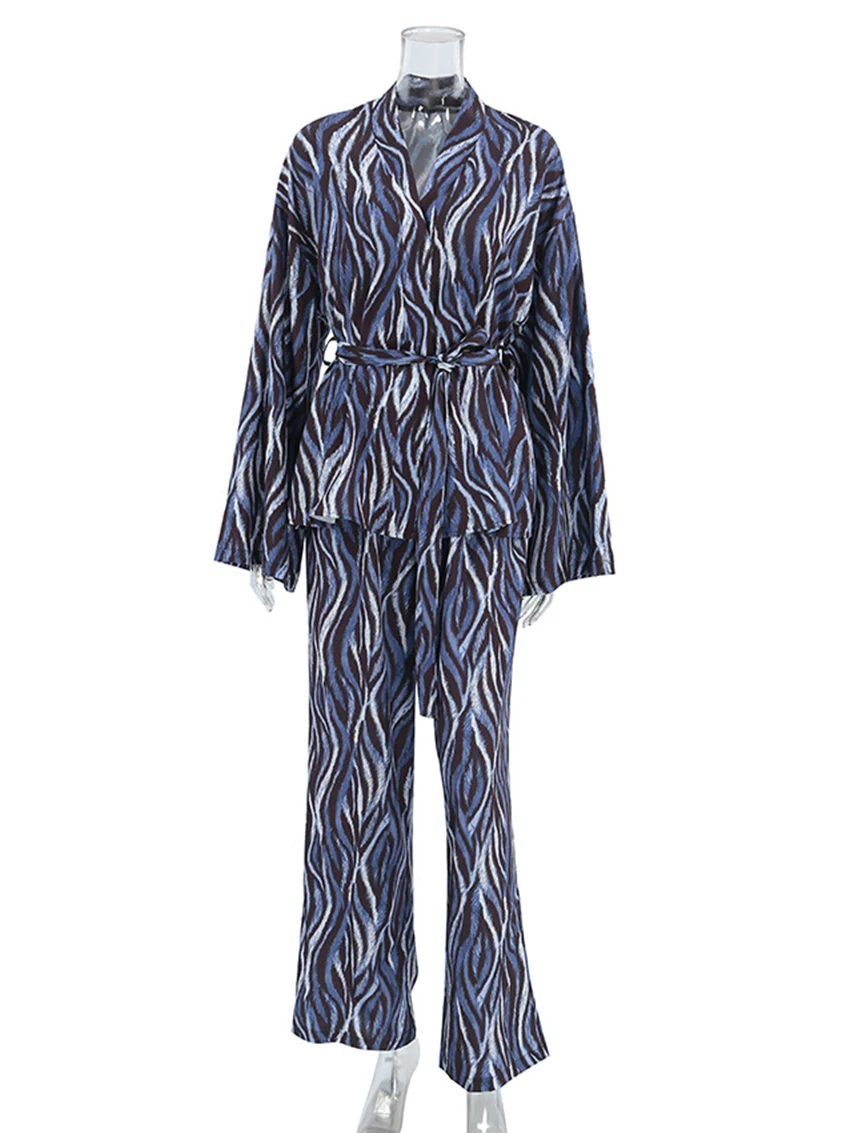 Marthaqiqi Printing Women Sleepwear Set Long Sleeve Pajamas V-Neck Nightie Lace Up Nightwear Pants Casual Ladies Nightgowns Suit