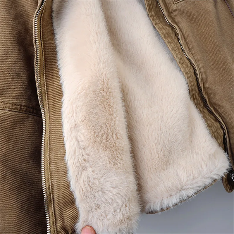 الشتاء سميكة الدافئة فو امبسوول بطانة قصيرة الدنيم معطف الكاكي القهوة اللون كاوبوي ملابس خارجية التلبيب كم طويل الجينز سترة معطف #5