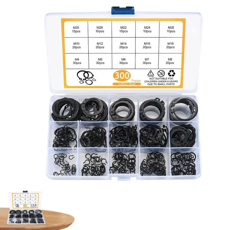C-Clip Retenção Snap Ring para Rolamento, Circlip Externo, Aço Carbono, Preto, 15 Tamanhos, M4-M28, 300Pcs