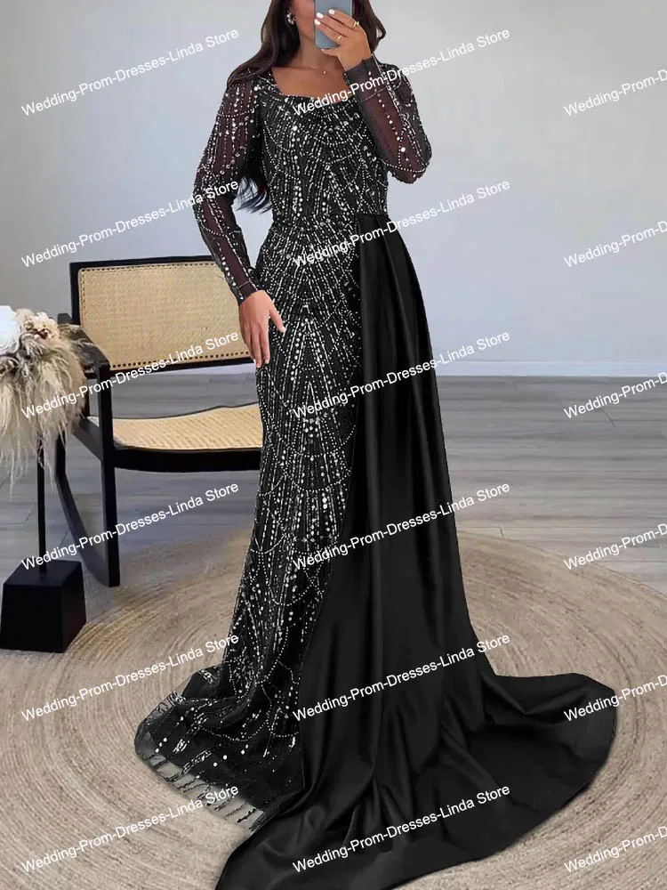 Black Luxury Women Formal Evening Dresses/Bridal Egagement Party Prom Gowns Velvet Mermaid Beading Long Dress for Gala