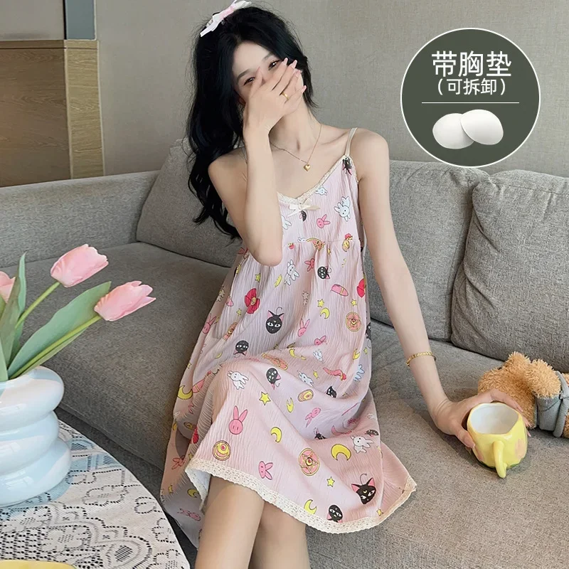 100kg Large Size Nightgown Women Cartoon Sweet Summer Pajama Dress with Chest Pad Thin Sexy Sling Nuisette Loose Home Clothes