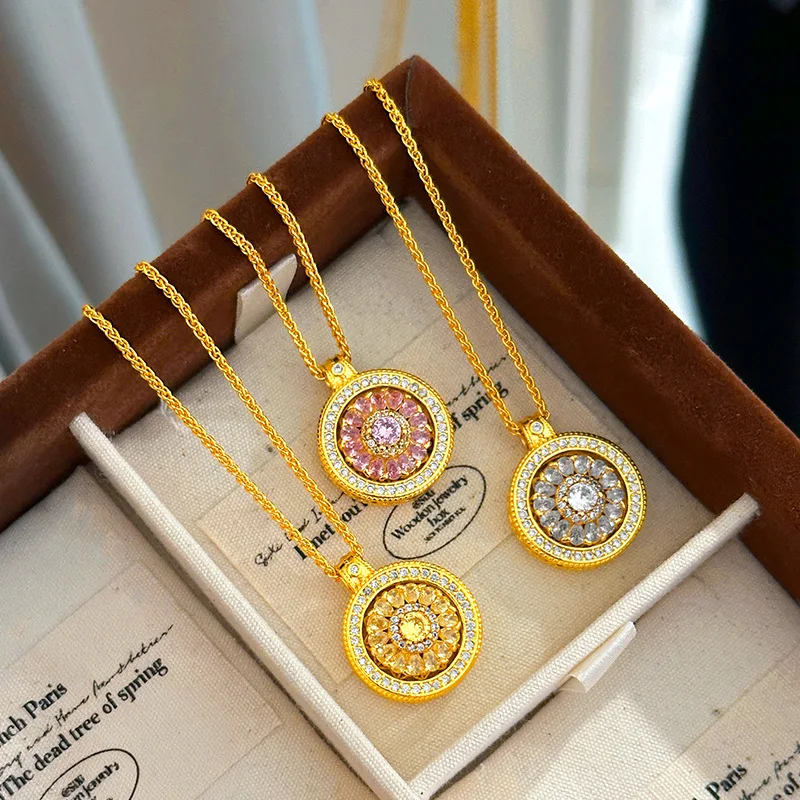 9999 24K Real Gold Diamond Rotatable Colorful Zircon Eight Treasures Compass Pendant Women Luxury Sweater Chain Necklace