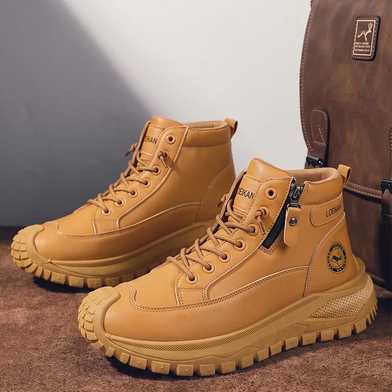 Men High Top Casual Boots Side Zipper Leather Shoes Non‑slip Thick Sole Male Work Ankle Boots for Daily Commute