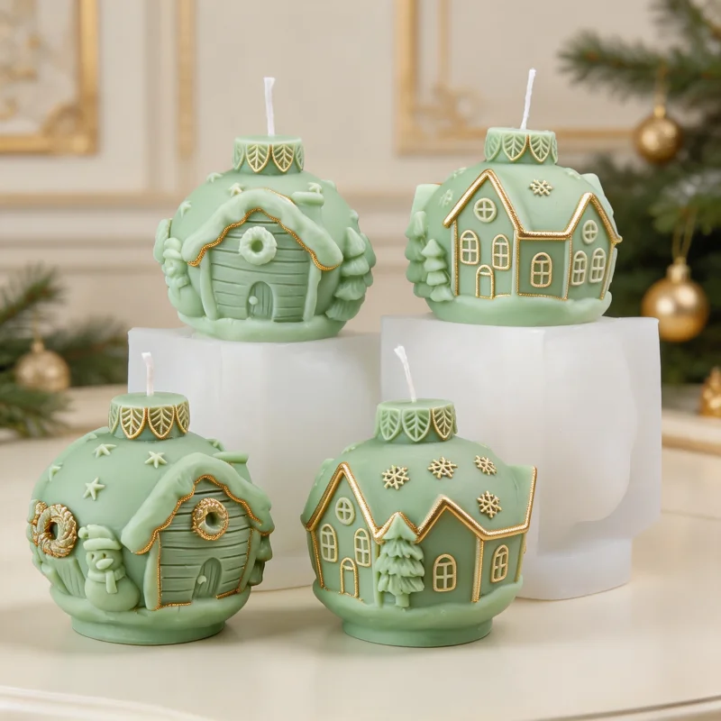 3D Christmas Bell Snow House Silicone Candle Mold, Bauble & Lamb Wax Mould DIY Soap Resin Plaster Craft Xmas Home Decor Gift Set