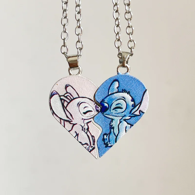 Disney Stitch Angel Couple Necklace Cartoon Heart Stitch Neck Chain for Women Men Love Jewelry Acessorios Gifts