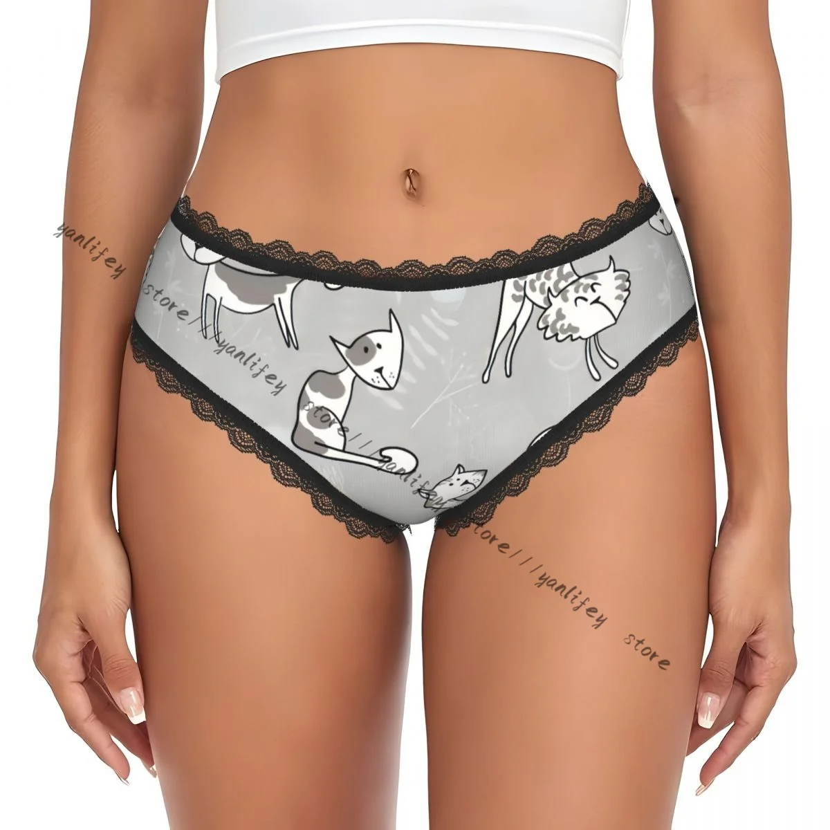 Women Sexy Lace Triangle Panties Cats Posing Over Floral Feline Kitten Kitty Cartoon Print Low Waist Underwear