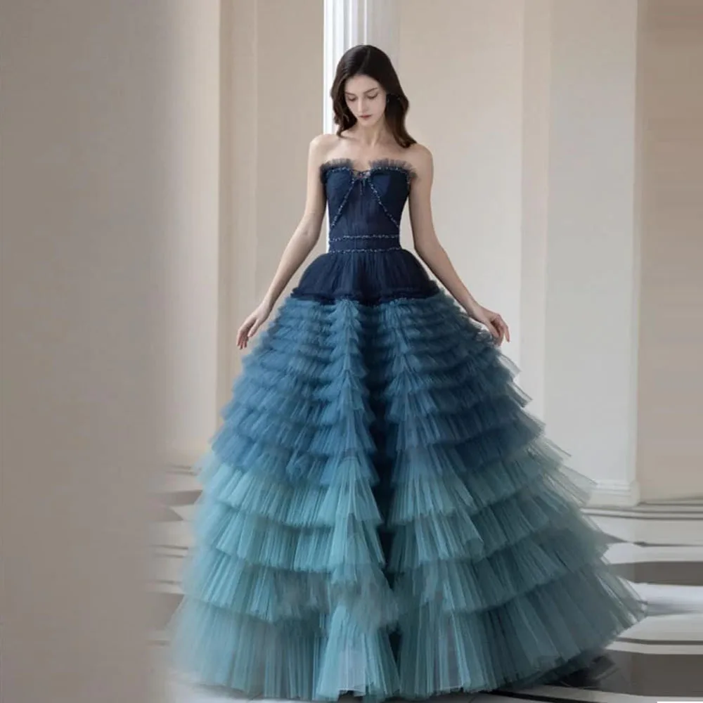 Fairytale Multi Colored Layered Tulle Long Formal Dresses With Crystal Beads Details Ruffles Trimmed Tulle Wedding Gowns Lace Up