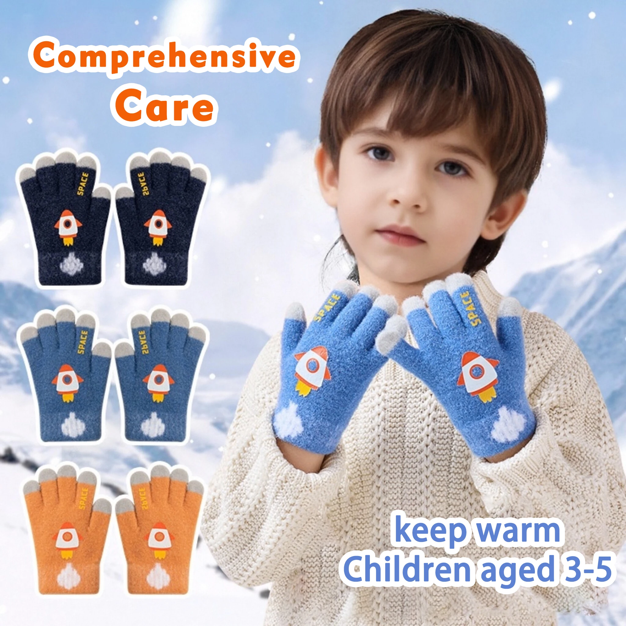 Kinder-Cartoon-Raketenhandschuhe, warme Strickhandschuhe, Fünf-Finger-Design für Kleinkinder, Jungen und Grundschüler