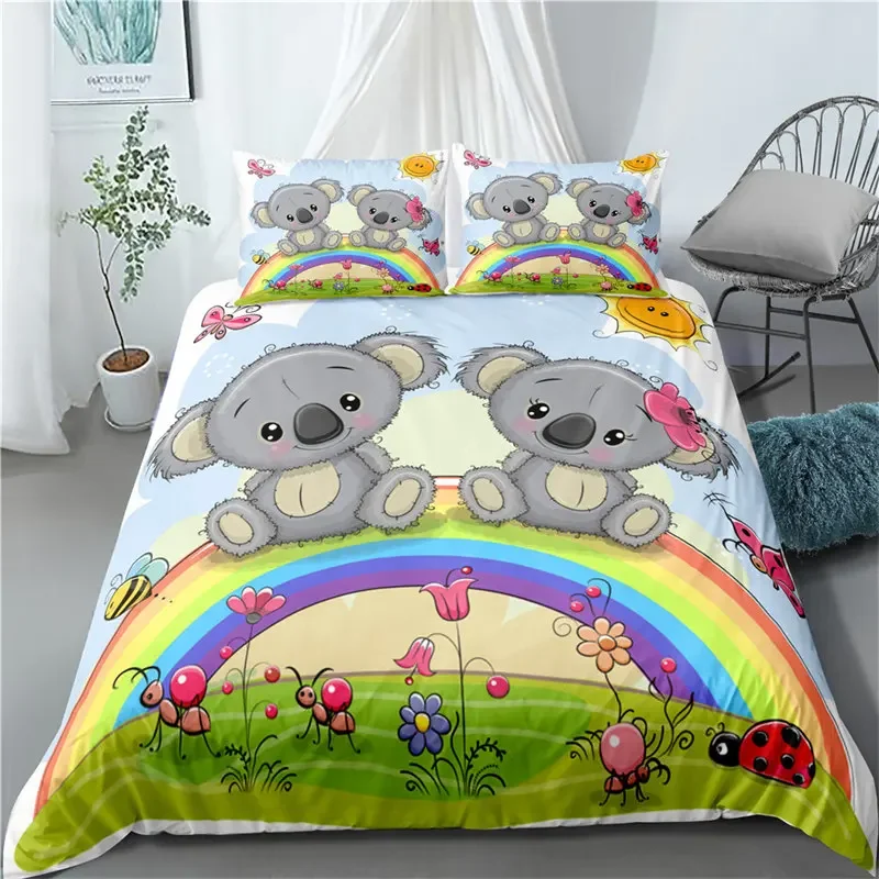 

Cartoon Koala Duvet Cover Microfiber Cute Animal Bedding Set Leaves Flowers Comforter Cover For Boys Girls Children Room Decor