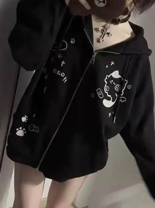 Cute  Print Hoodie Women's Fleece Lined Oversized Autumn Winter Jacket Korean Style Commute Friendly Zipper Closure