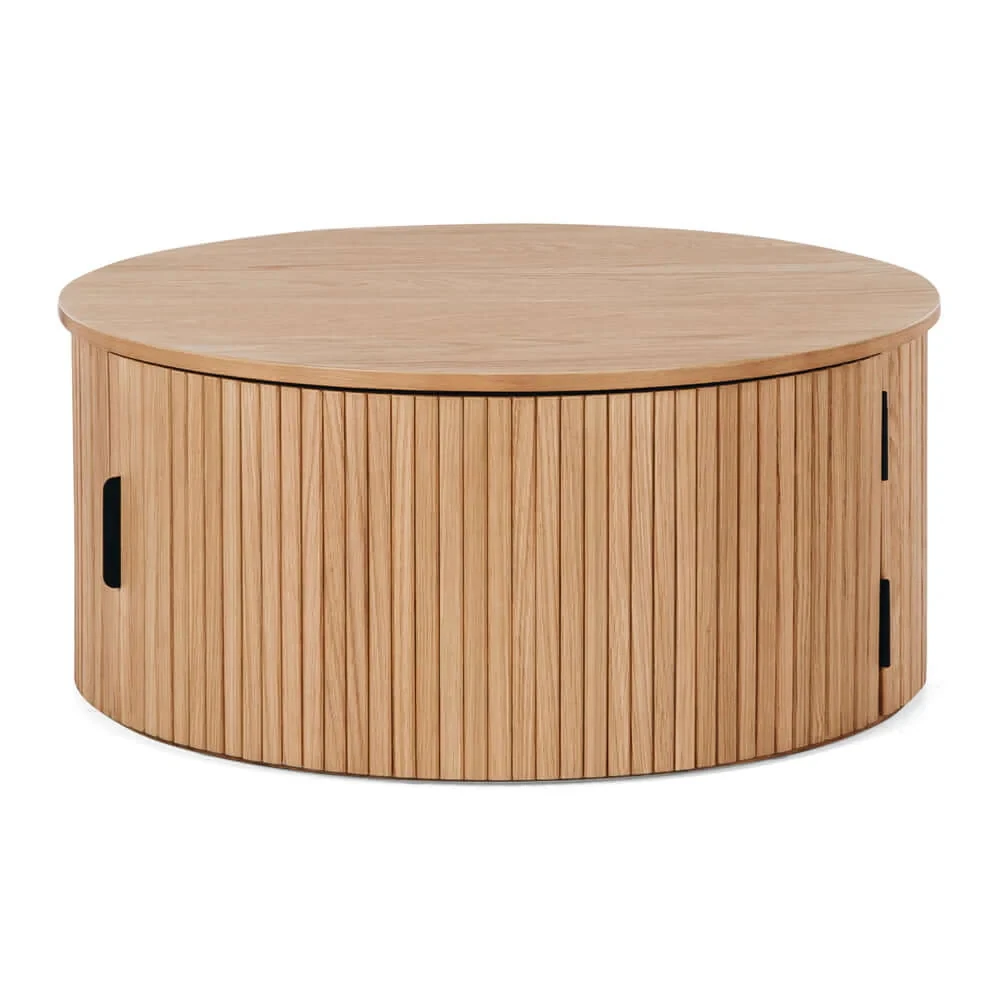 

xx-Mid Century Modern Round Storage Coffee Table With Sliding Door^