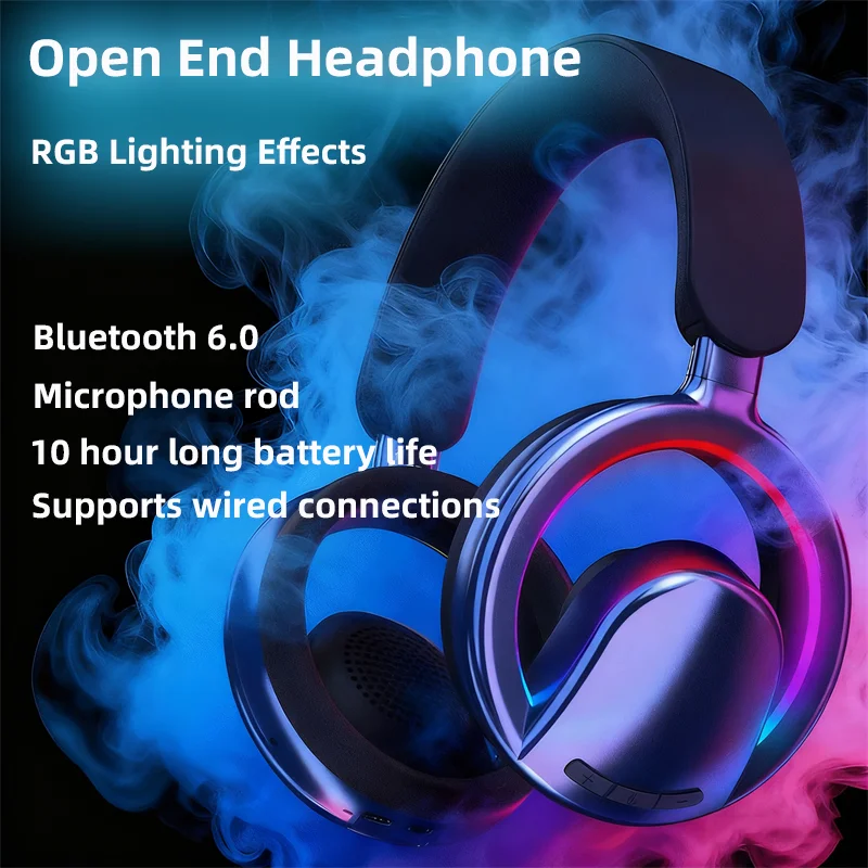 

Open End Headphone RGB Lighting Effects Large Size Drive Unit Bluetooth Wired Dual Connection Game Headphone Plug In Microphone