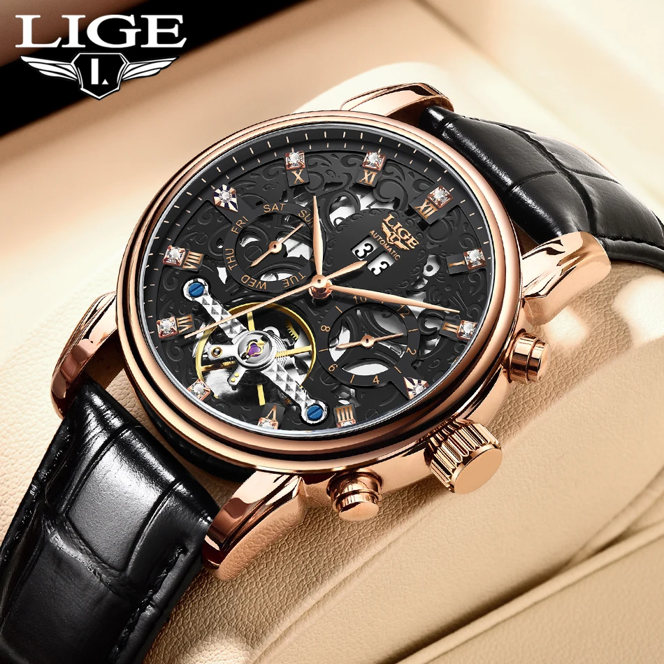 2023 LIGE Business Mens Mechanical Watches Top Brand Luxury Creative Automatic Date Watch For Men Leather Waterproof Wristwatch