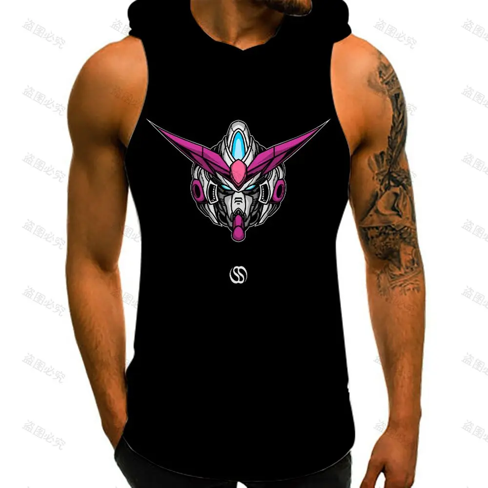 Men's  Hooded Tank Mobile Suit Gundam Fashion Harajuku 3D Print GYM 2023 Cool Y2k Tops Sleeveless Sports Shirt Man Streetwear