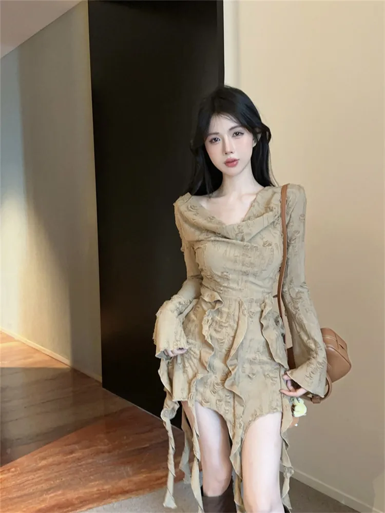 Wasteland Punk Style Fashion Ripped Irregular Mini Dress Slash Neck Women 2025 New Spring Ruffles Ribbon Long Sleeve Short Dress