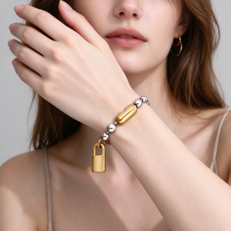 Silver Round Bead Bracelet for Women Gold Lock Shape Pendant Bar Charm Chain Two Tone Metal Jewelry Gift for Her Birthday Party Casual Wear Valentines Day Christmas High Quality Alloy Polished Finish Hypoallergenic Comes in Gift Box Ready for Giving Chic