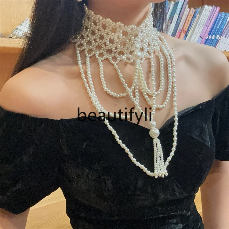 

Court vintage woven pearl luxury lace edge fringed necklace vintage multi-layer heavy industry neck chain