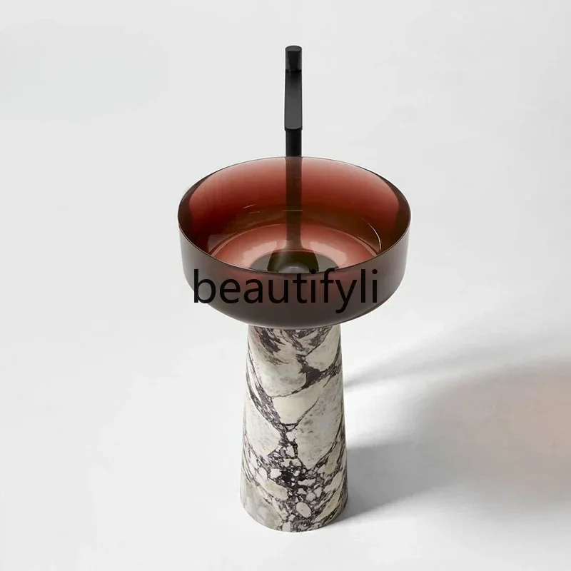 Floor-to-ceiling marble transparent resin burgundy wash basin hotel homestay bathroom column basin