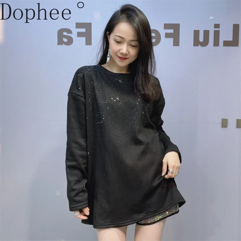 

Thicken Velvet Long Sleeve T-shirt Women New Autumn Winter Shiny Hot Drilling O-neck Pullover Top Mid-long Casual Bottoming Tee