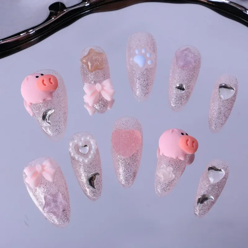 

10 Pcs Long Almond Shaped press on Nails - Glittery Mixed Color System with Cute Pig, Bows & Love Rhinestones