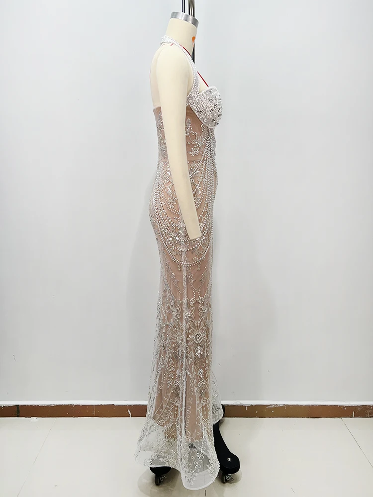 VC Opulent Crystal Beaded Sheer Mesh Halter Backless Mermaid Dress for Fashion Galas Evening Gown