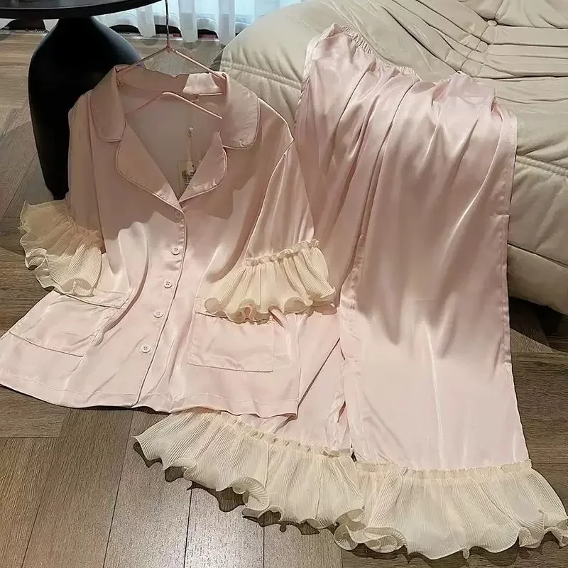 

Women's Sleepwear 2025 New Summer Ice Silk Short Sleeved Pants Set with Large Ruffled Edges for Home Wear