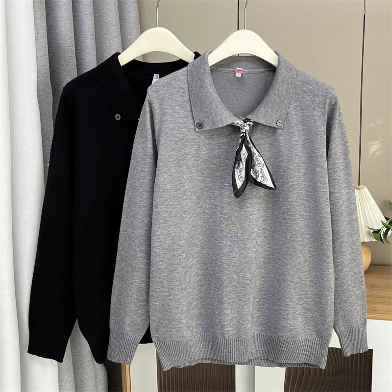 

2026 Spring Autumn New Silk Scarf Strap Knitted Sweater Elegant Casual Women Sweater Polo Collar Long Sleeve Loose Pullover