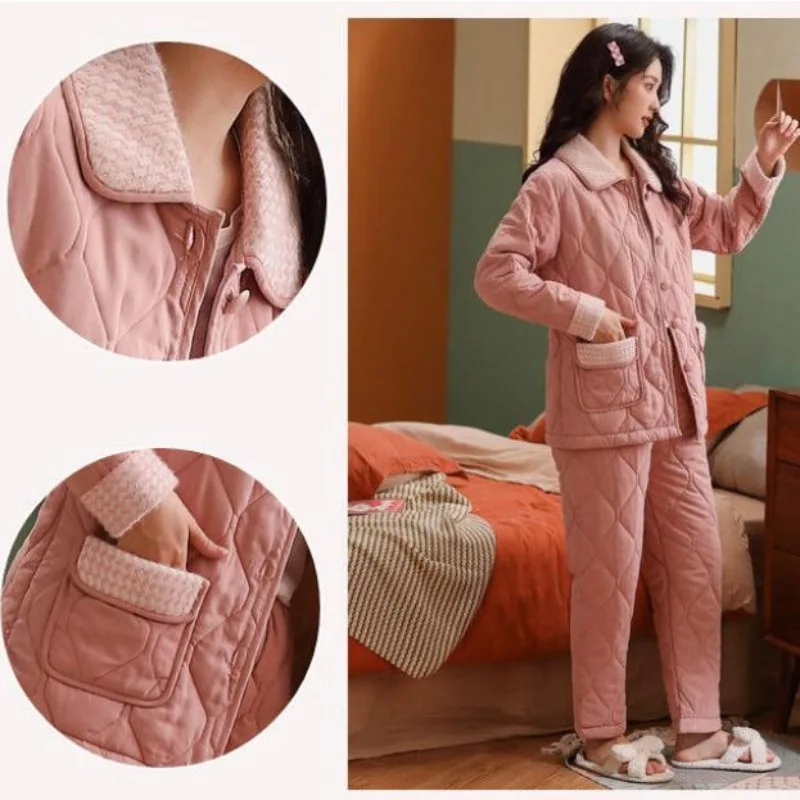 2024 New Cotton Pajamas Women's Autumn Winter Loungewear Coral Velvet Three-layer Medium Thickness Plush Woven Warm Homewear Set