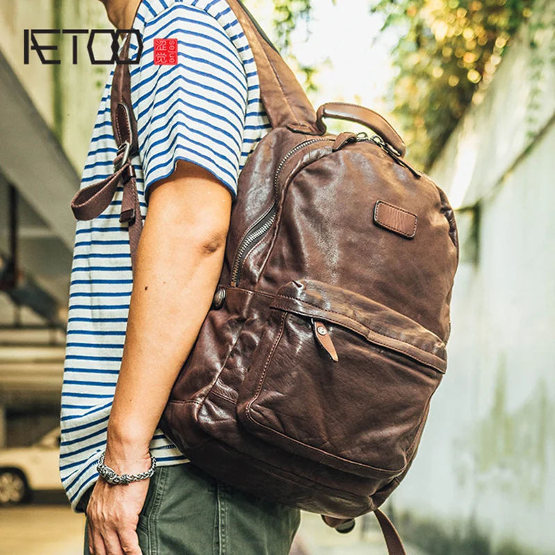 

AETOO Cowhide men's doubles shoulder bag retro trendy head layer leather backpack