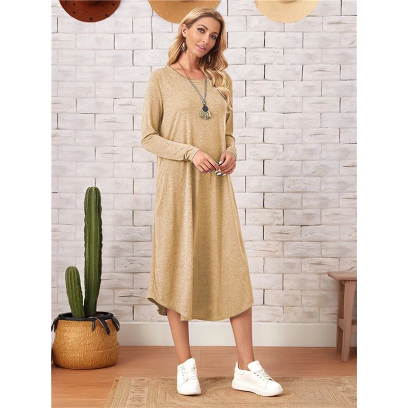 ODIES-فستان نسائي طويل بأكمام طويلة ورقبة دائرية مع جيوب #3