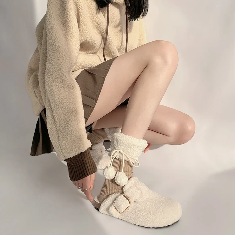 Tube Socks Women's Pure Color Plush Cute with Tassel Fur Ball Thickened Warm Leg Shaping Autumn  Winter Lambswool Simple Fashion