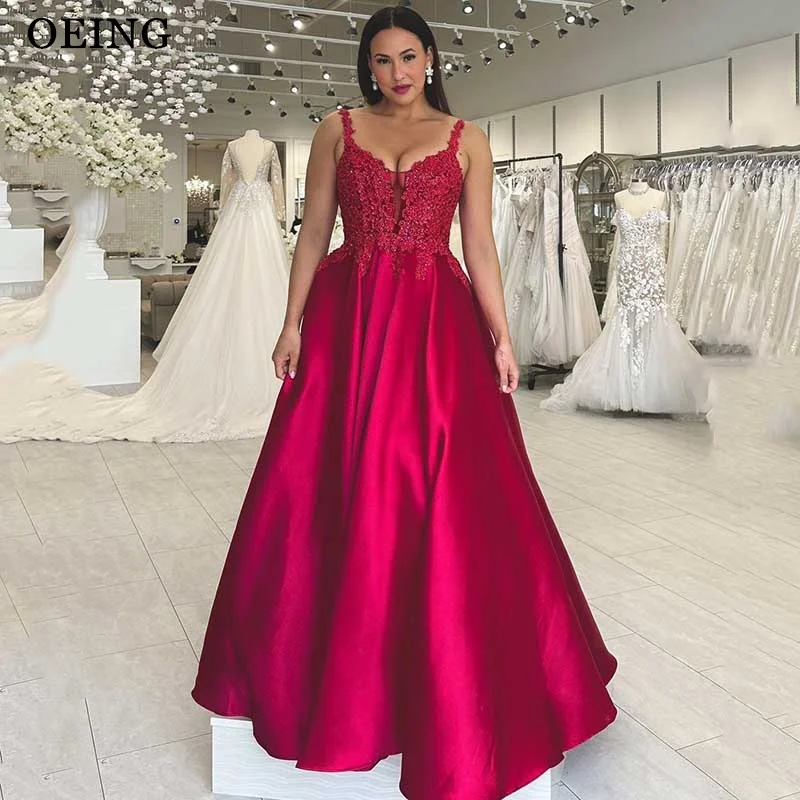 

OEING A Line Prom Dress Red Lace V-Neck Pleated Flowers Backless Evening Dress Formal Occasion Gown Vestidos De Noche 2024 Gala