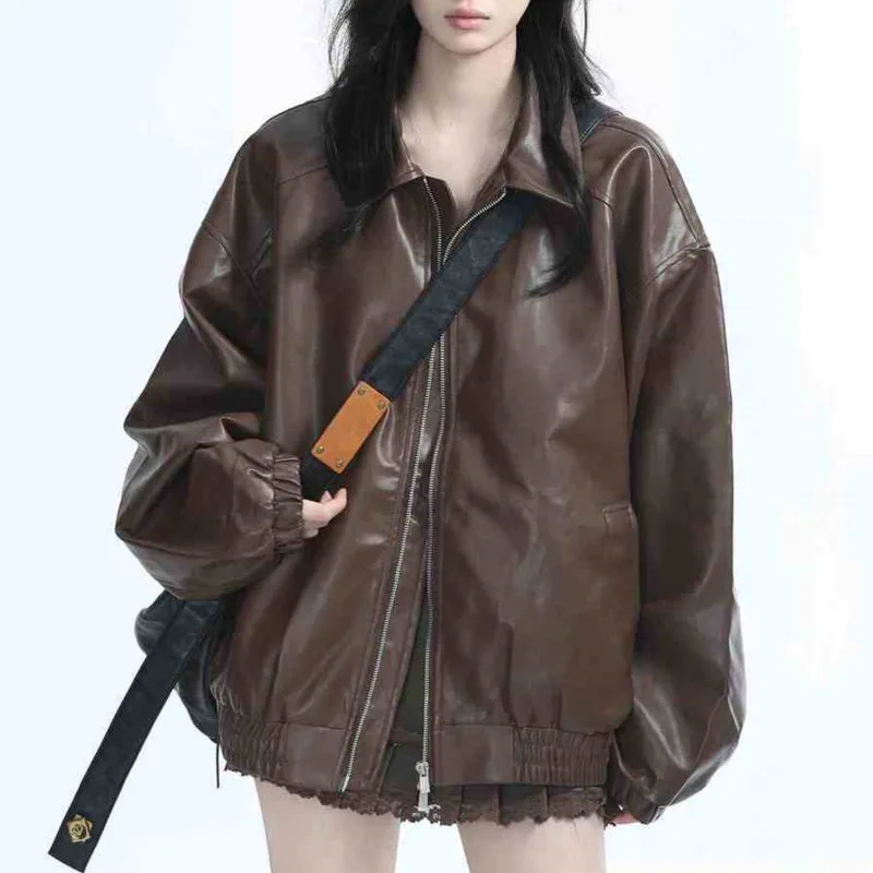 

Women's Brown Vintage Motorcycle PU Leather Jacket, Loose Fit Zipper Biker Coat for Autumn, Y2K Retro Chic Outerwear​ Clothes
